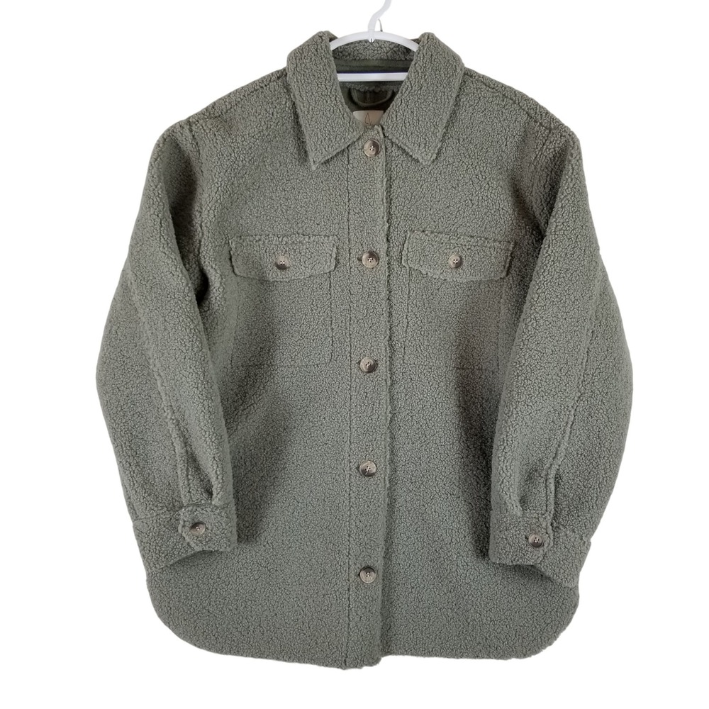 Joie Sherpa Shacket Women Size‎ M Sage Green Faux Shearling Button Front Jacket